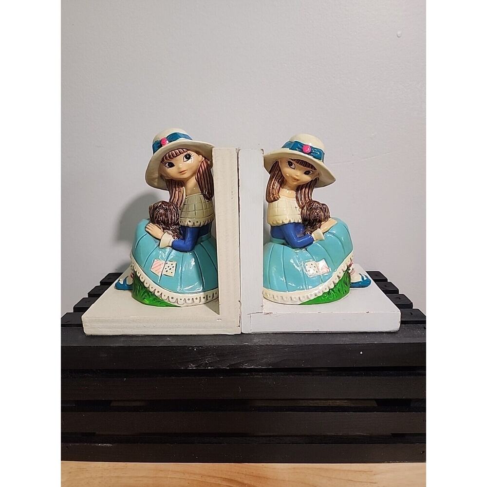 Vintage Mid Century Earl Bernard Wood Painted Bookends Girl With Dog Kitsch